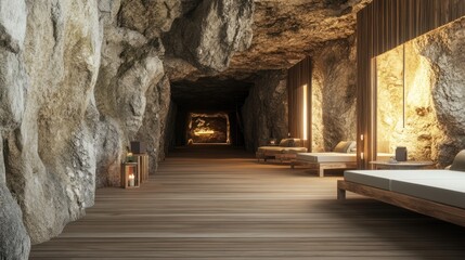 Obraz premium Wooden walkway through a cave with glowing rock walls and loungers.