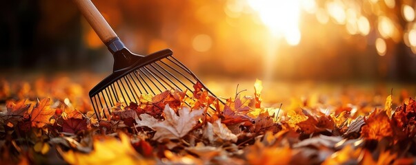 Fall leaf raking, dynamic action, vibrant colors, inviting