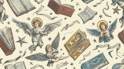 Obraz premium This vibrant design features angels, books, and stars in a whimsical arrangement suitable for creative uses