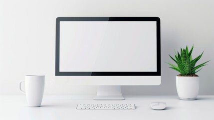 A minimalist computer with a keyboard, clean lines, 2D vector illustration, plain and simple design, white background