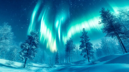 Naklejka premium Bright aurora borealis illuminating snowy forest at night