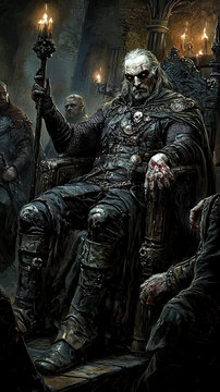 Ancient medieval vampire king on dark gothic throne, menacing evil fantasy ruler, undead tyrant lord 