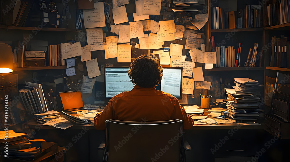 Poster Man working at desk with papers and notes.