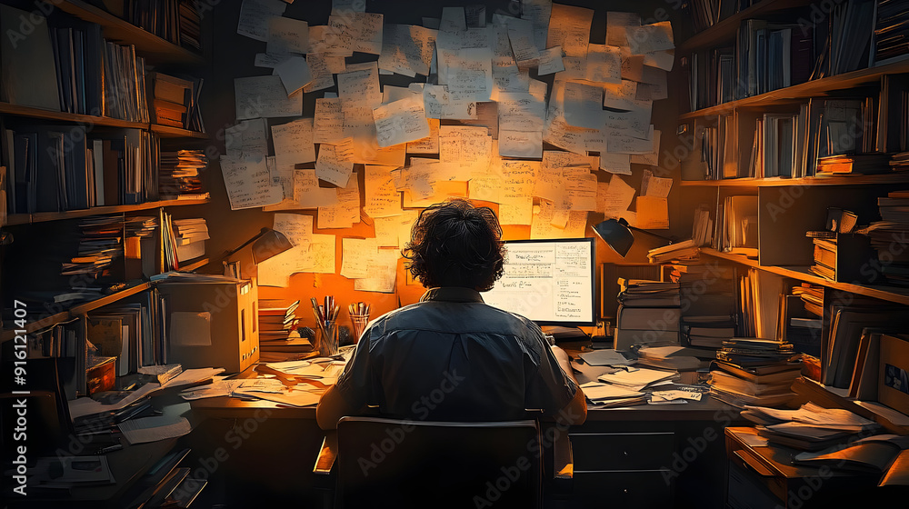Poster man working at desk surrounded by papers and books.