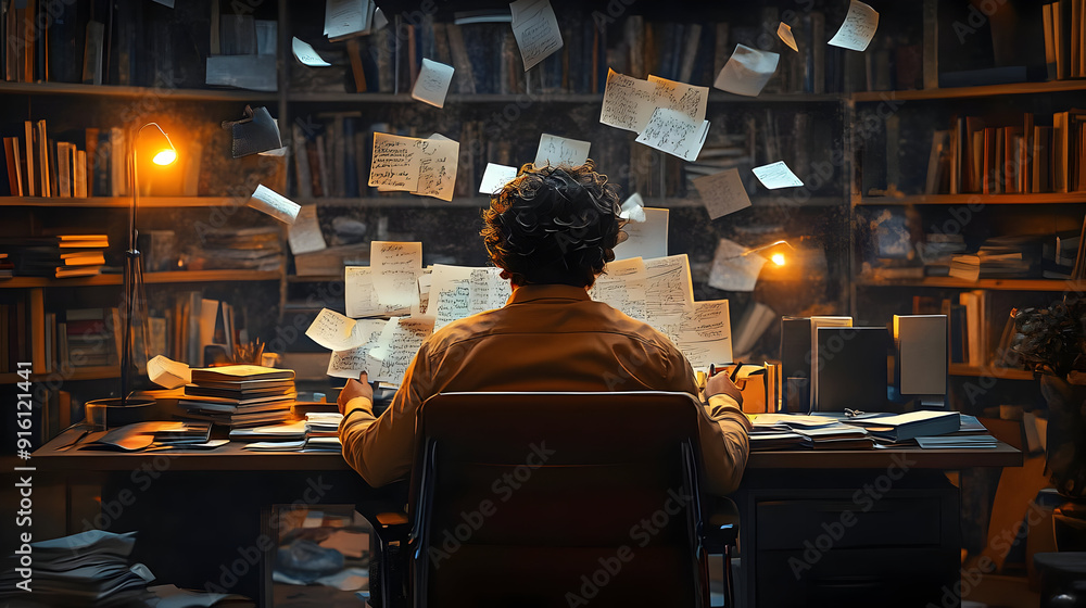 Poster man working at desk surrounded by papers and books.