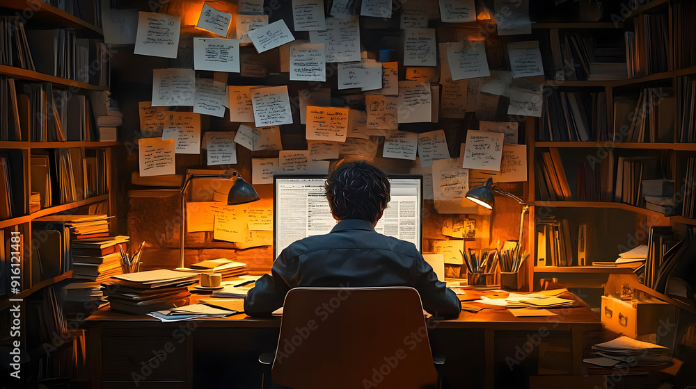 Poster man working at a desk with bookshelves and notes.