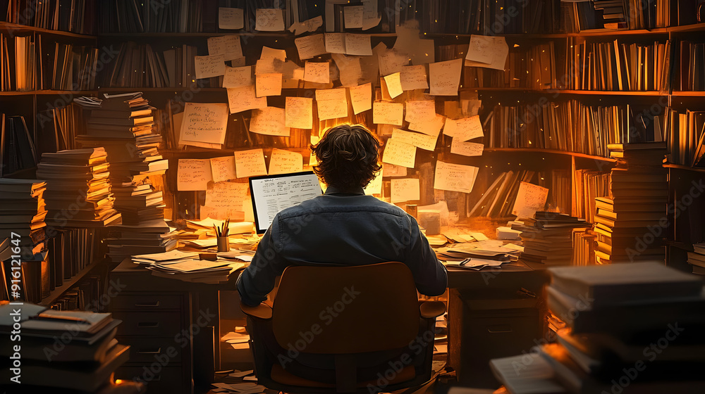 Poster man working at a desk surrounded by books and notes.