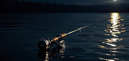 Fishing Rod in Moonlight A fishing rod with dark, swirling water patterns and a faint, glowing reel.