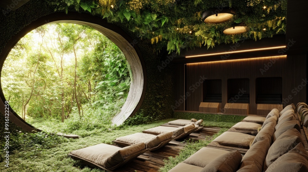 Poster A modern, minimalist lounge space featuring a circular window overlooking a lush green forest. Cushioned seating is arranged around the perimeter of the room, offering a comfortable spot to relax