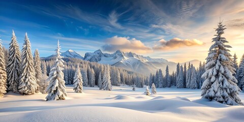 Snowy winter landscape with snow-covered trees and mountains , Snow, Winter, Landscape, Trees, Mountains, Snowy, Cold, Frozen