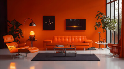 Modern orange living room with a leather sofa, armchair, and glass coffee table.