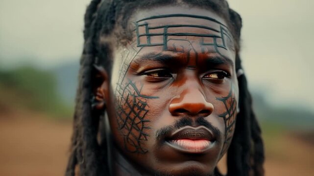 The closeup of a tribal warriors face showcasing their impressive facial scarifications.