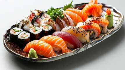 Exquisite Sushi Platter with Assorted Rolls and Sashimi on Stylish Plate - Delicious Japanese Cuisine Presentation