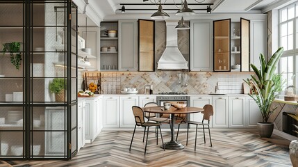 Modern Kitchen with Herringbone Floor and Metal Accents
