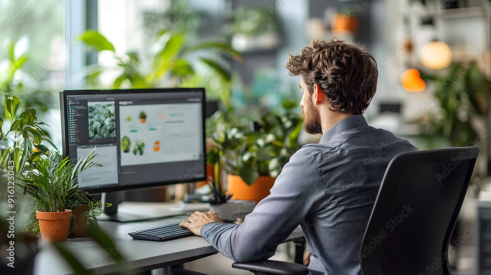 Poster man working on computer with plants in office.