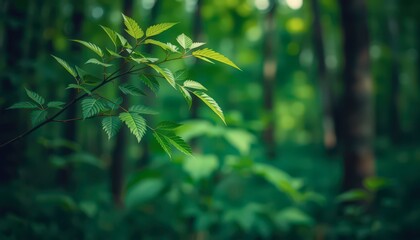 Fototapeta premium Green Leaf Branch In Forest.