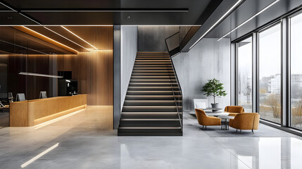 Modern office lobby with stairs, reception desk, and seating area.