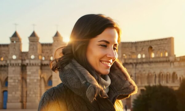Medium shot portrait video of a satisfied woman in her 30s wearing a warm parka against a historic monument or landmark background