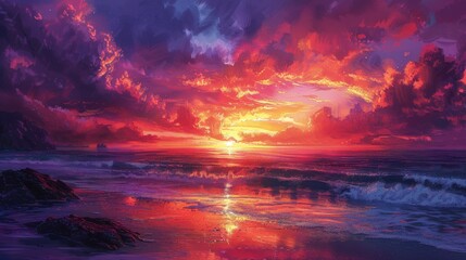 Fototapeta premium Serene Sunset: Vibrant Sky Paints Tranquil Beach in Shades of Orange, Pink, and Purple