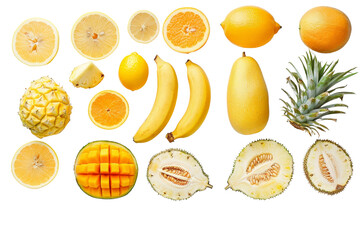 Assorted orange-yellow fruits such as lemon, banana, pineapple, mango, durian, cantaloupe, and melon, separated on a pristine white background, highlighting their fresh and colorful appearance