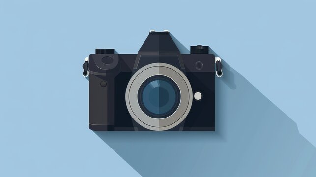 A plain camera with a prominent lens, 2D vector illustration, minimal detail, clean and straightforward design
