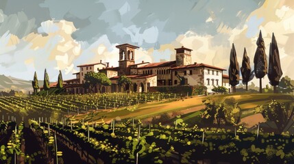 Scenic Italian Vineyard and Tuscan Villa Landscape. Tranquil countryside view with vibrant green vineyards and rustic architecture. Ideal for decor and storytelling visuals. AI