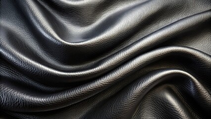 Close up of black leather wavy background with copy space for text, mockup, empty, textured, dark, luxury, design, space