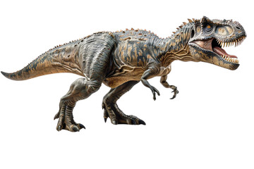 Fototapeta premium Carcharodontosaurus set against a white backdrop, emphasizing its robust physique, sharp teeth, and detailed appearance for a precise representation