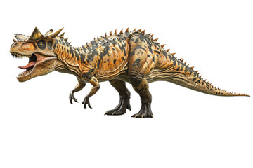 Obraz premium Carnotaurus dinosaur model, isolated against a white background, showcasing its distinctive horned head and short arms, detailed texture and coloration