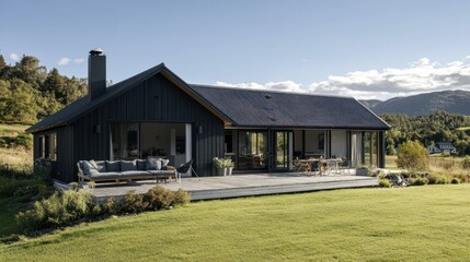 Obraz premium Modern black cabin with large windows and deck overlooking green grassy field.