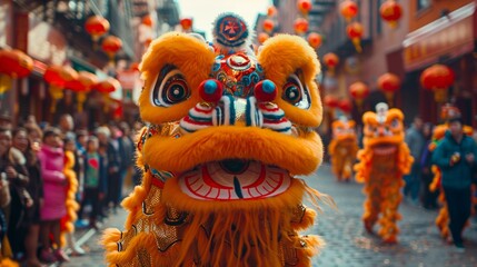 Vibrant lion dance performance during a traditional Chinese festival