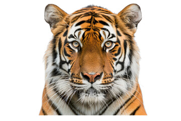 Fototapeta premium Asian Bengal tiger's face in a detailed close-up, looking straight at the camera, isolated on a white background, capturing its fierce expression and elegant markings
