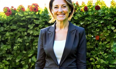 Full-length portrait video of a grinning woman in her 40s wearing a sleek suit against a garden or botanical background