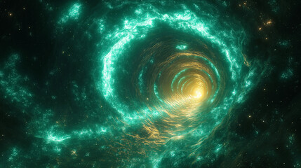 A glowing vortex of emerald energy spirals into the void, with light at the end hinting at a mysterious destination beyond the cosmic tunnel.
