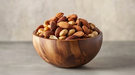A wooden bowl filled with a mix of flavored nuts including honey-roasted almonds and salted peanuts, set against a neutral background