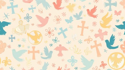 Fototapeta premium A whimsical design featuring various birds, crosses, and flowers in soft pastel colors against a light background