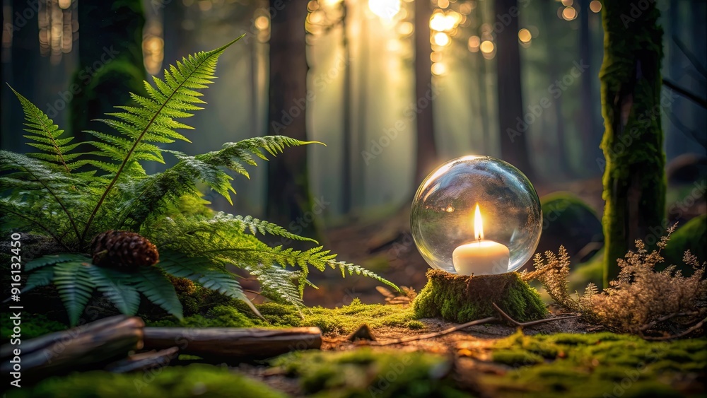 Wall mural Candlelit ritual with quartz crystal ball, fern and oak leaves in the dark forest , witchcraft, magic, spirituality