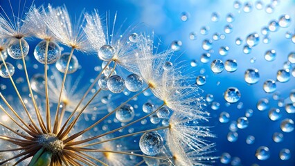 Drops on dandelion flower seed in springtime on blue background, dandelion, flower, seed, drops, water, springtime, nature, close-up