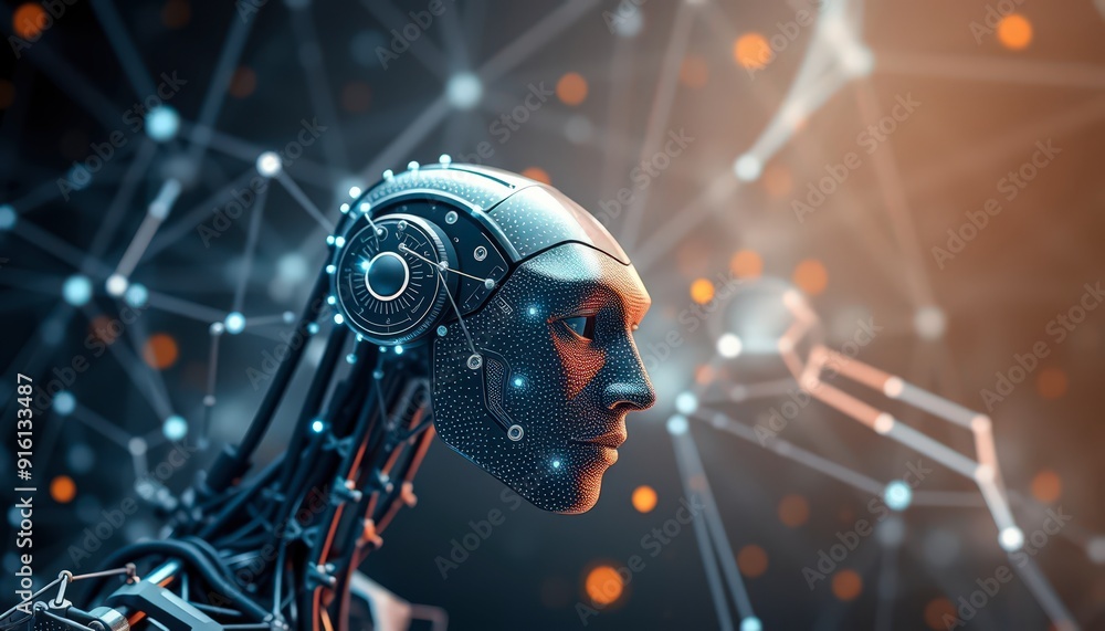 Poster robot head with network connections.
