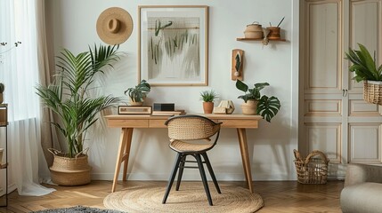 A Minimalist Boho Home Office with a Wooden Desk, Wicker Chair, and Natural Accents