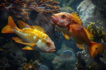 Two colorful fish swim past coral in an aquarium.