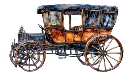 3D Watercolor Brown Horse Carriage with Bold Outline - Stock Illustration