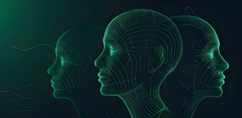 Obraz premium vector wireframe illustration of three different head shapes with a green glow on a dark background, in the vector graphics and line style.