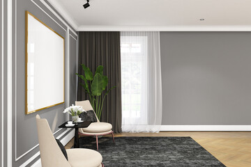 3d render of illustration interior design foyer of classic modern with chair,s table and frame. Wood parquet floor, gray wall finish and white ceiling. set 85