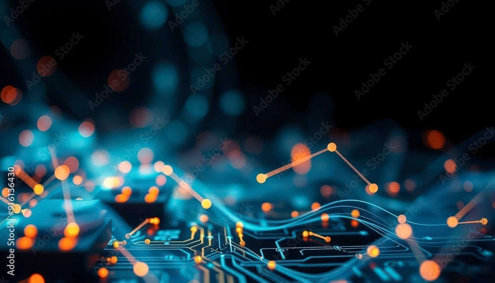 Poster abstract circuit board with glowing lines and nodes.