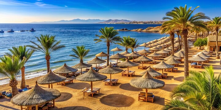 Sunny beach resort with palm trees, parasols, and Red Sea coral reefs in Sharm El Sheikh, Egypt