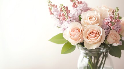 A beautiful bouquet of soft pink roses and delicate lilacs in a clear glass vase, perfect for decoration or gifting.