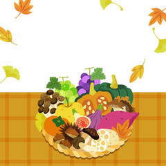 秋の味覚 食材 野菜 フルーツ バナー _ ベクター 素材 コピースペース 余白 空白 背景 チェック 紅葉 テンプレート 正方形 1:1