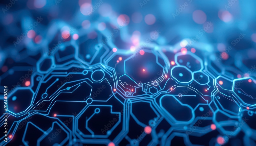 Poster abstract blue and red circuit board pattern.
