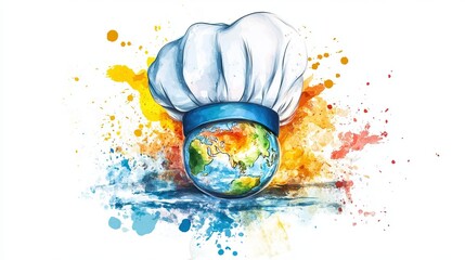 3D Watercolor Chef's Hat with Globe Emblem - High-Quality Stock Image